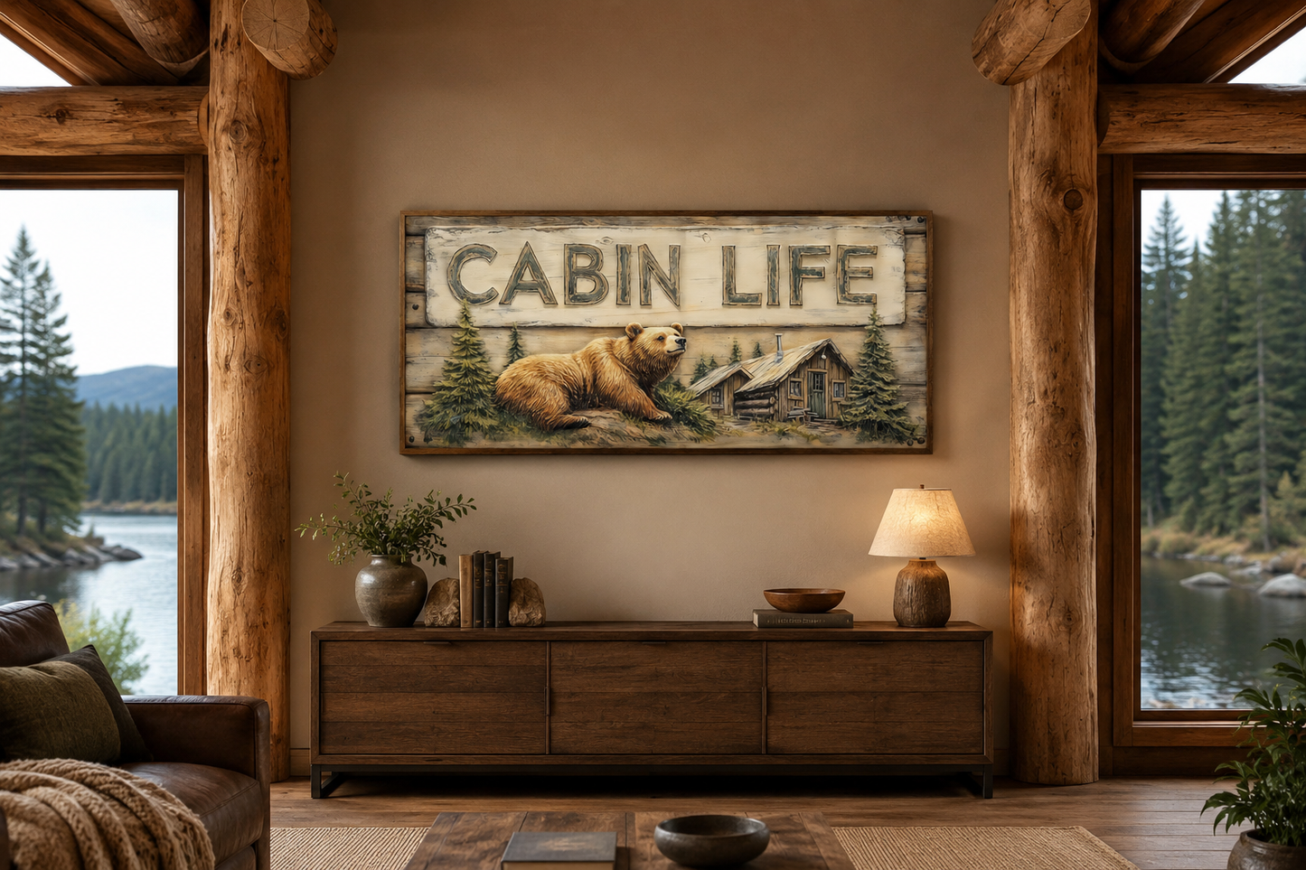 Cabin Life Sign With Log House And Bear Framed Canvas Wall Art