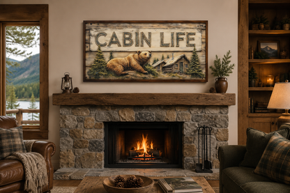 Cabin Life Sign With Log House And Bear Framed Canvas Wall Art