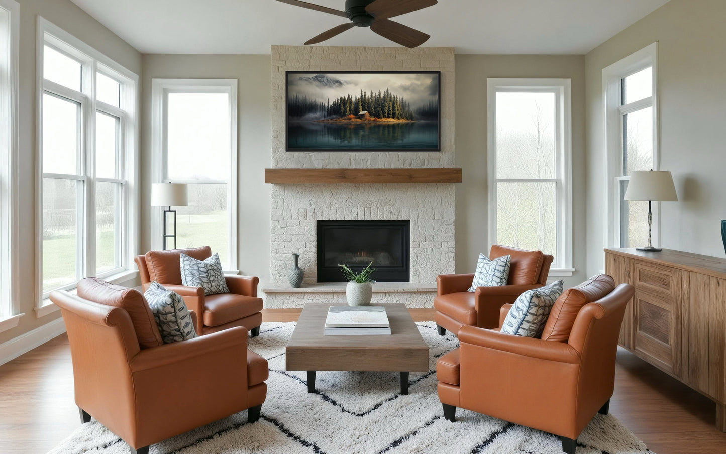 Cabin On The Lake Framed Canvas Wall Art