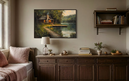 Cabin On The Lake Framed Canvas Wall Art