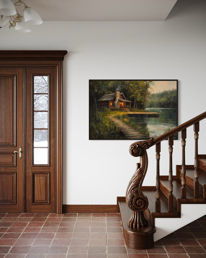 Cabin On The Lake Framed Canvas Wall Art