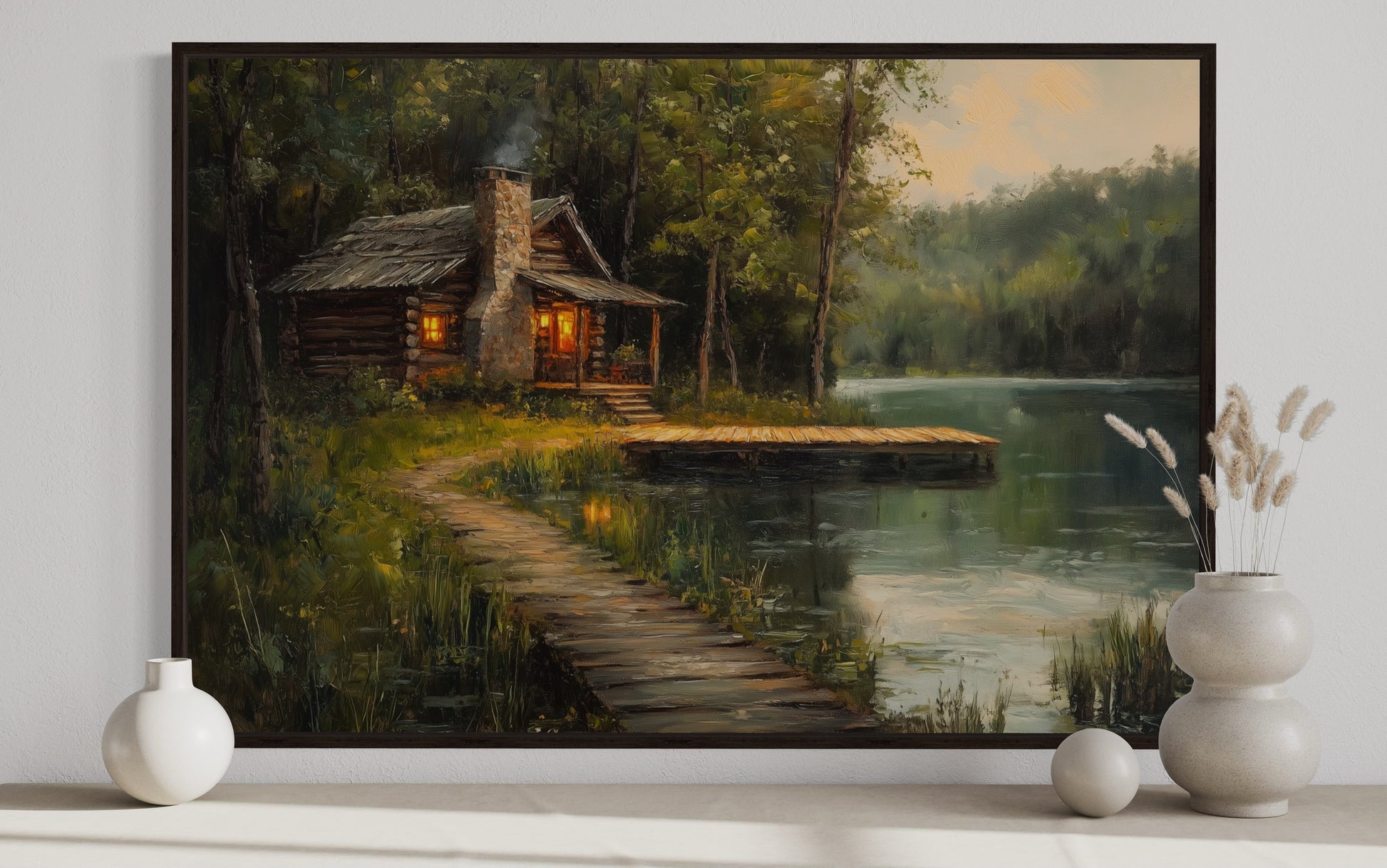 Cabin On The Lake Framed Canvas Wall Art