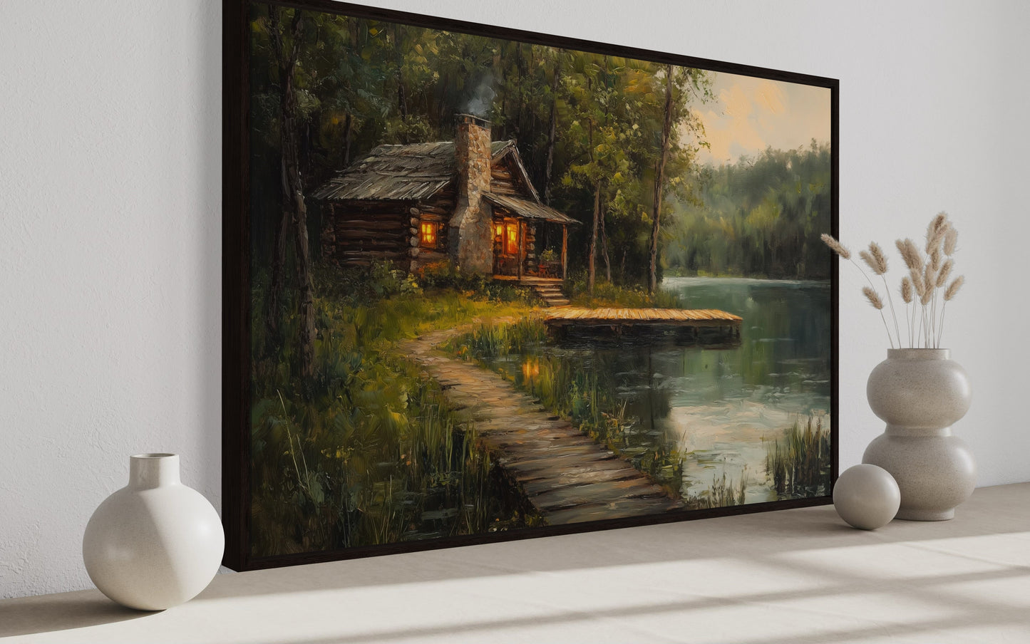 Cabin On The Lake Framed Canvas Wall Art