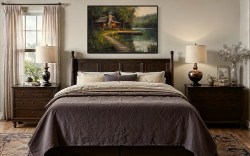 Cabin On The Lake Framed Canvas Wall Art