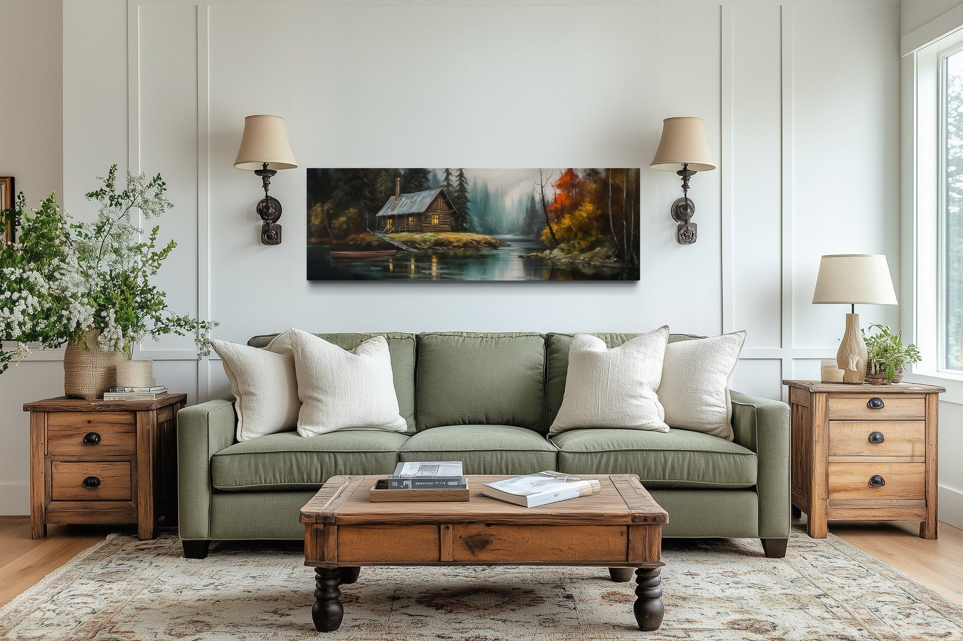 Cabin On the Lake Horizontal Narrow rustic Framed Canvas Wall Art