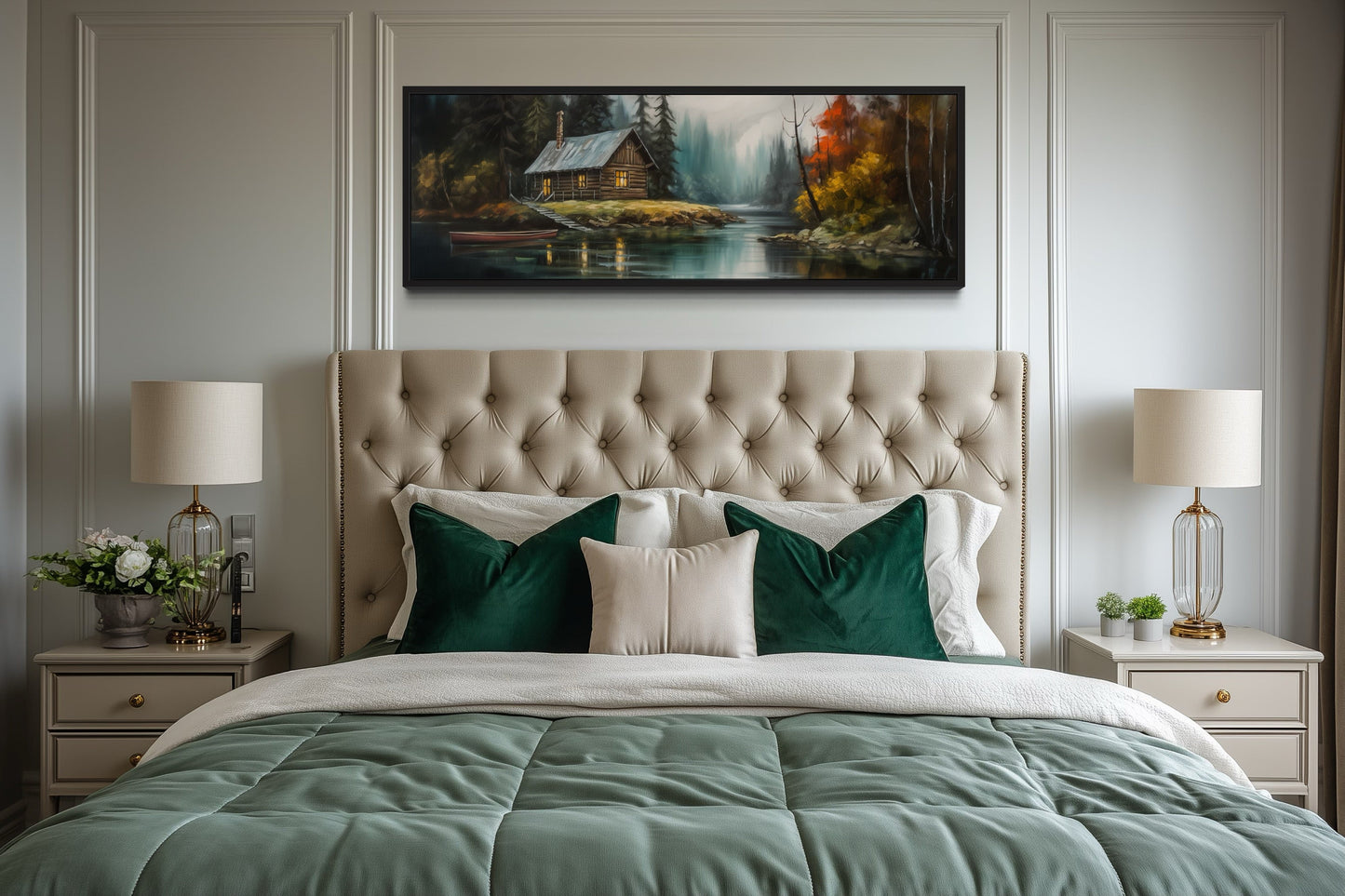 Cabin On the Lake Horizontal Narrow rustic Framed Canvas Wall Art