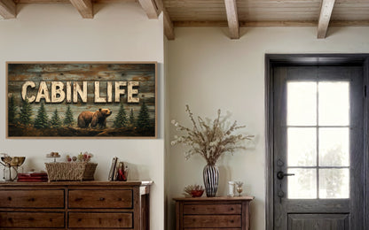 Cabin Life Sign With Bear And Fir Trees Framed Canvas Wall Art