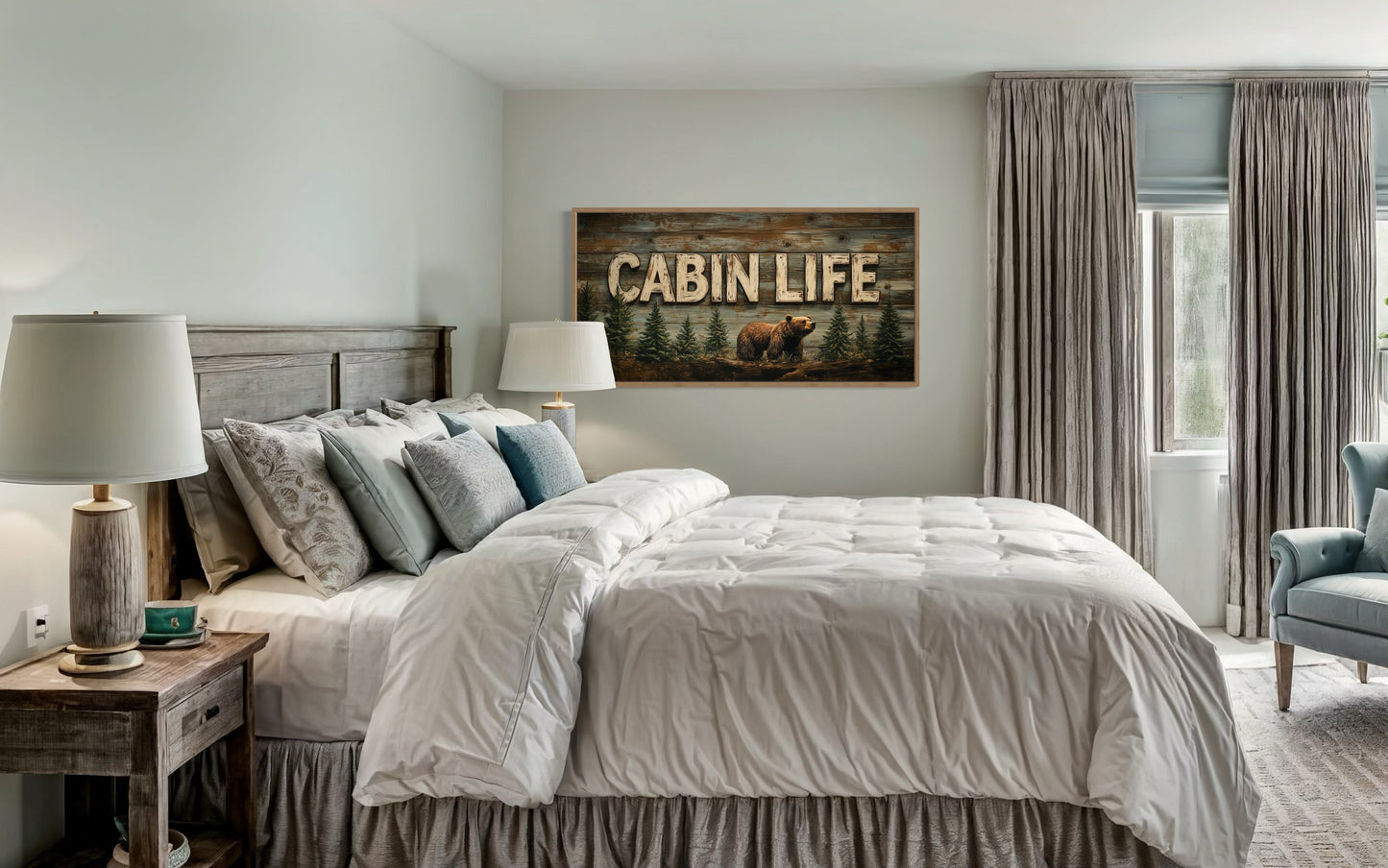 Cabin Life Sign With Bear And Fir Trees Framed Canvas Wall Art