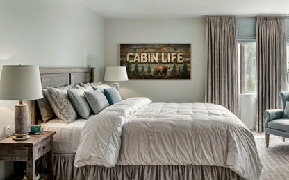 Cabin Life Sign With Bear And Fir Trees Framed Canvas Wall Art