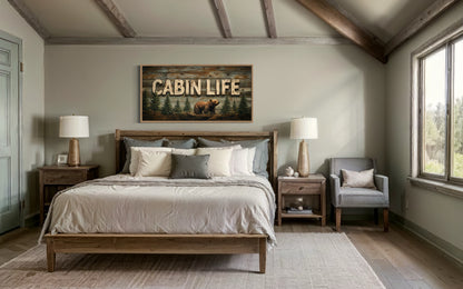 Cabin Life Sign With Bear And Fir Trees Framed Canvas Wall Art