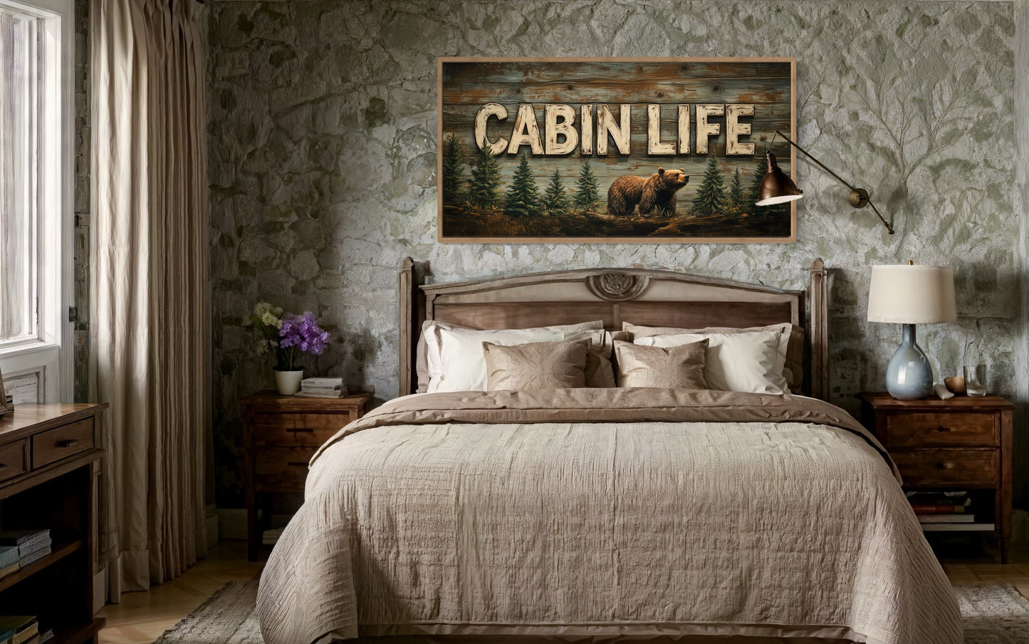 Cabin Life Sign With Bear And Fir Trees Framed Canvas Wall Art
