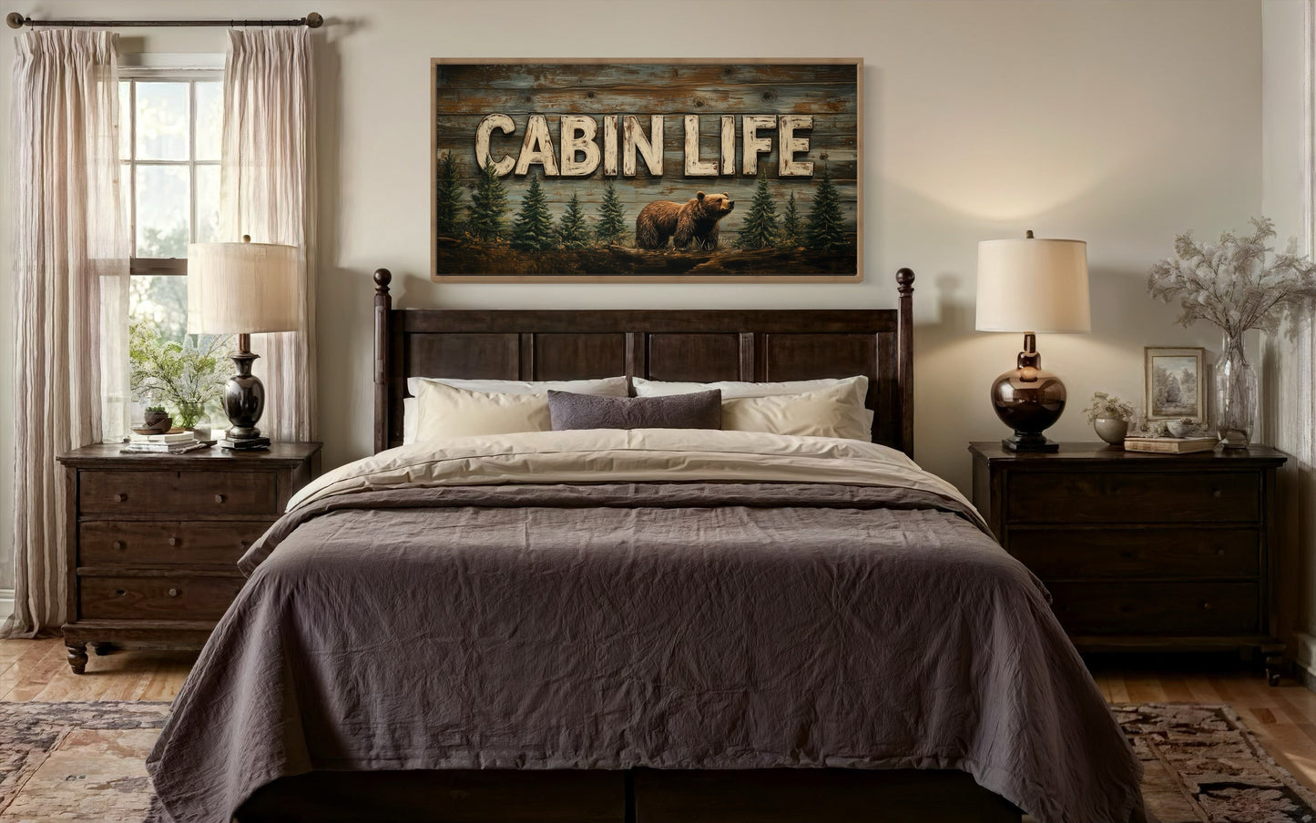 Cabin Life Sign With Bear And Fir Trees Framed Canvas Wall Art