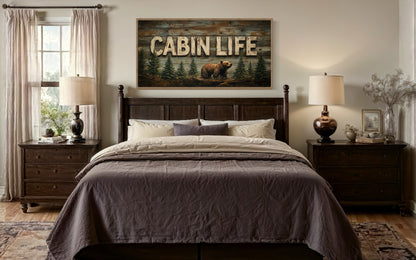 Cabin Life Sign With Bear And Fir Trees Framed Canvas Wall Art