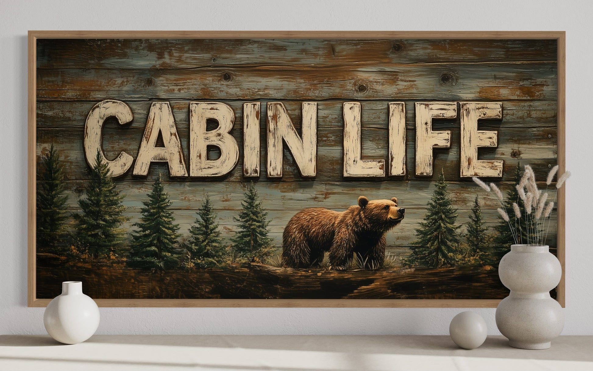 Cabin Life Sign With Bear And Fir Trees Framed Canvas Wall Art
