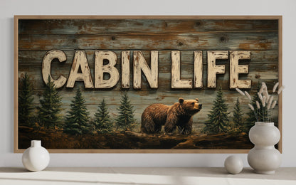 Cabin Life Sign With Bear And Fir Trees Framed Canvas Wall Art