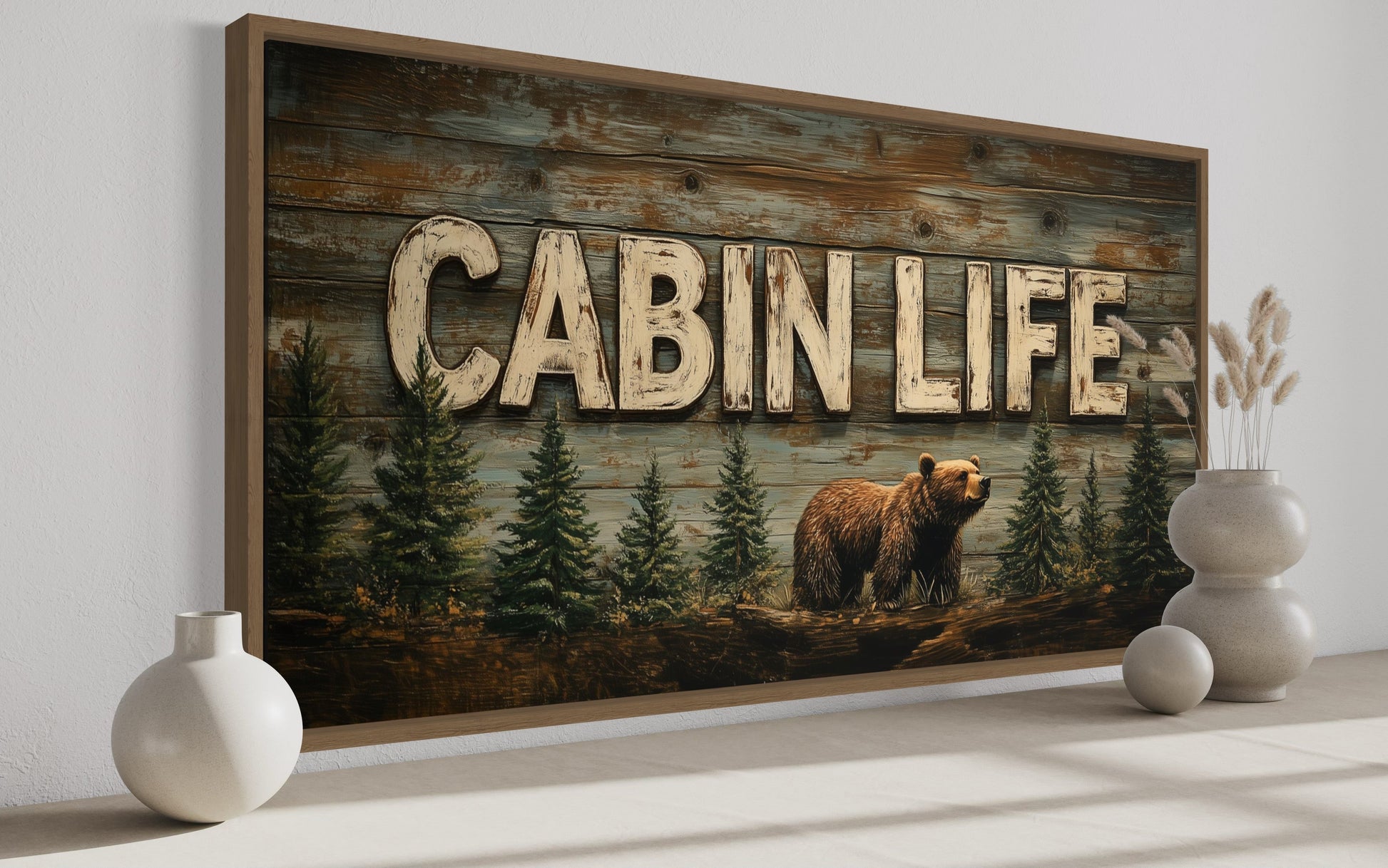 Cabin Life Sign With Bear And Fir Trees Framed Canvas Wall Art