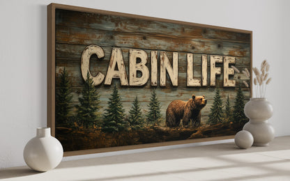 Cabin Life Sign With Bear And Fir Trees Framed Canvas Wall Art