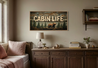 Cabin Life Sign With Bear And Fir Trees Framed Canvas Wall Art
