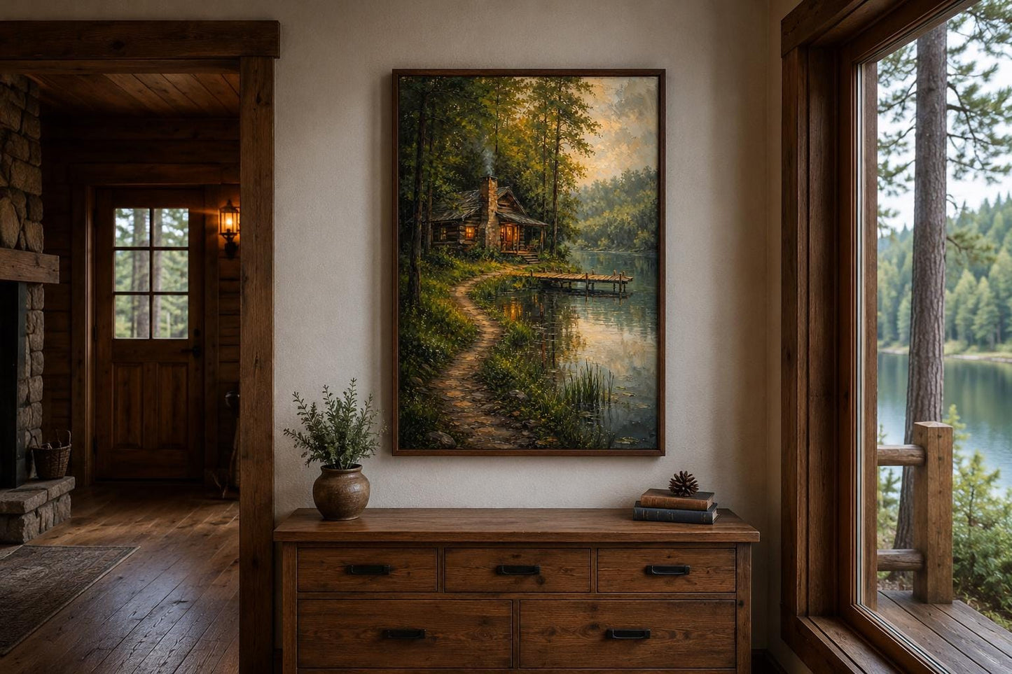 Cabin Wall Art - Rustic Lake House Decor Vertical Canvas Print With Cozy Forest Cabin