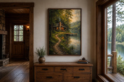 Cabin Wall Art - Rustic Lake House Decor Vertical Canvas Print With Cozy Forest Cabin