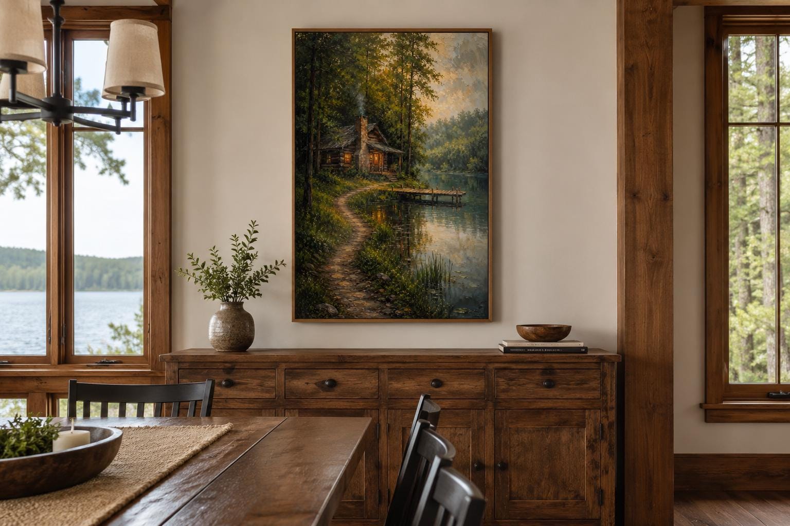 Cabin Wall Art - Rustic Lake House Decor Vertical Canvas Print With Cozy Forest Cabin