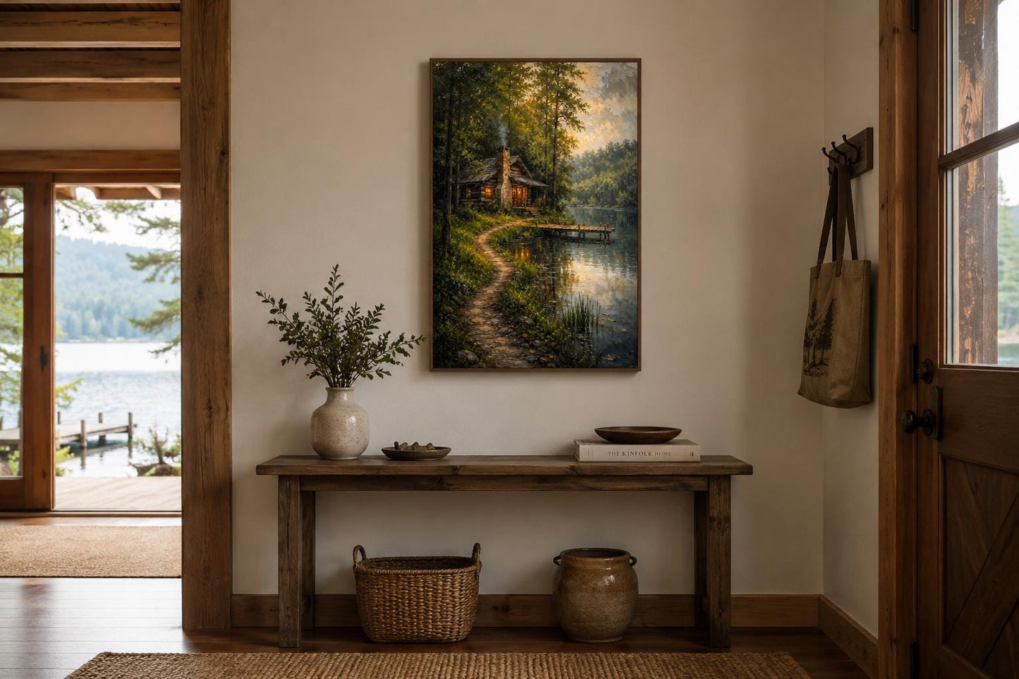 Cabin Wall Art - Rustic Lake House Decor Vertical Canvas Print With Cozy Forest Cabin