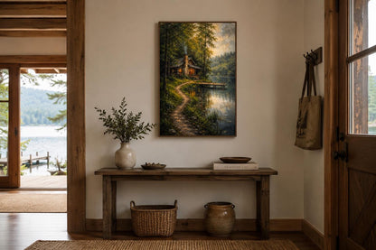 Cabin Wall Art - Rustic Lake House Decor Vertical Canvas Print With Cozy Forest Cabin