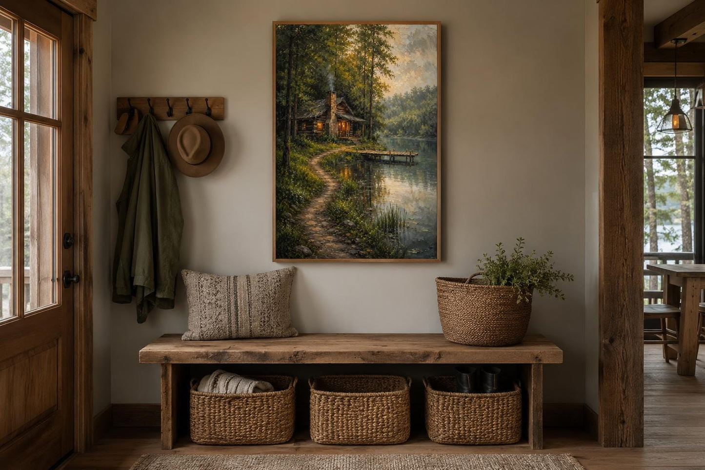 Cabin Wall Art - Rustic Lake House Decor Vertical Canvas Print With Cozy Forest Cabin