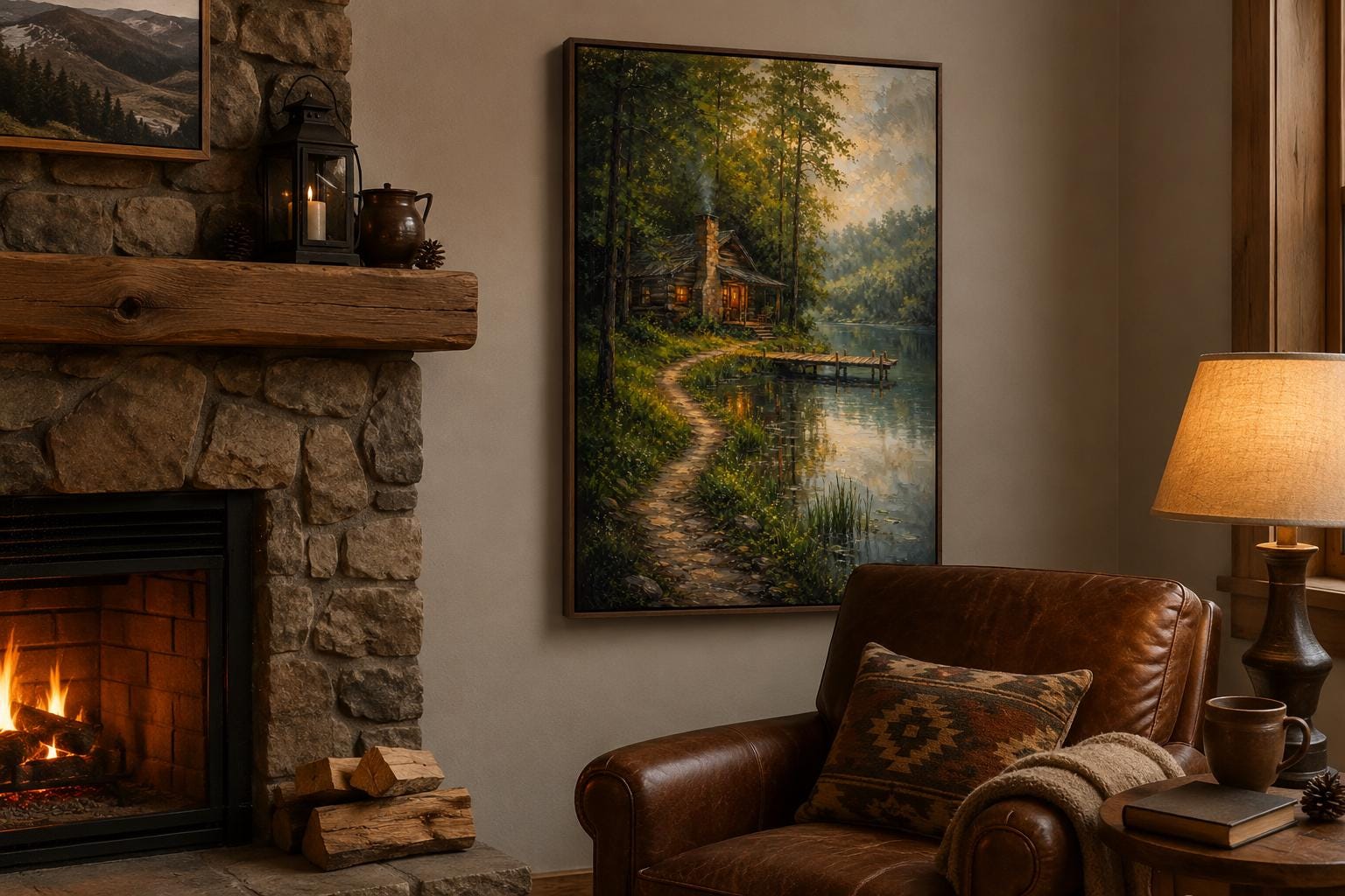 Cabin Wall Art - Rustic Lake House Decor Vertical Canvas Print With Cozy Forest Cabin