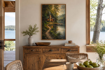 Cabin Wall Art - Rustic Lake House Decor Vertical Canvas Print With Cozy Forest Cabin