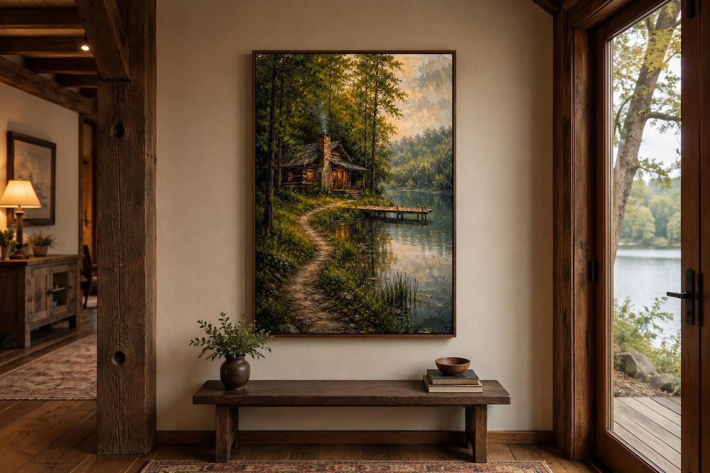 Cabin Wall Art - Rustic Lake House Decor Vertical Canvas Print With Cozy Forest Cabin