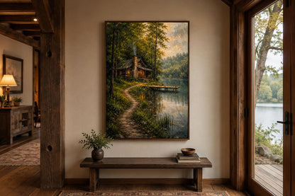 Cabin Wall Art - Rustic Lake House Decor Vertical Canvas Print With Cozy Forest Cabin