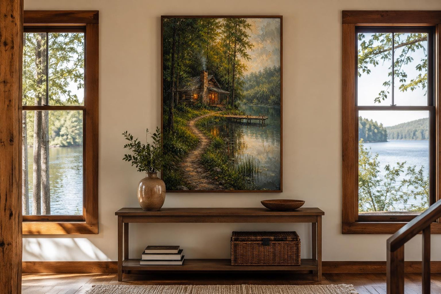 Cabin Wall Art - Rustic Lake House Decor Vertical Canvas Print With Cozy Forest Cabin