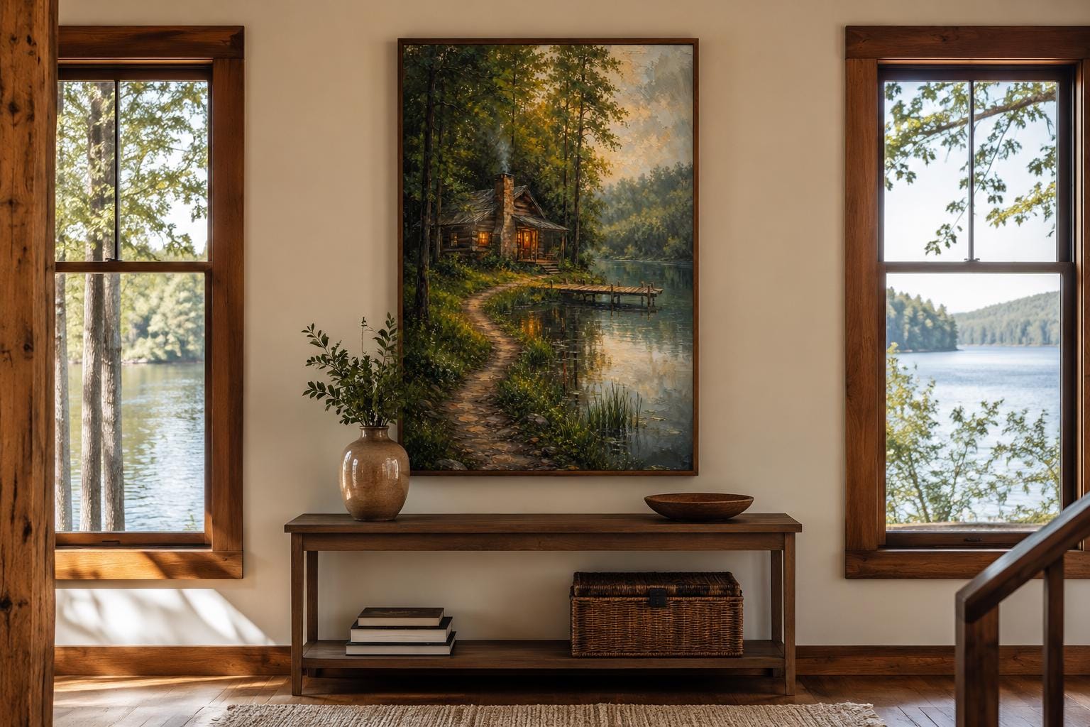 Cabin Wall Art - Rustic Lake House Decor Vertical Canvas Print With Cozy Forest Cabin