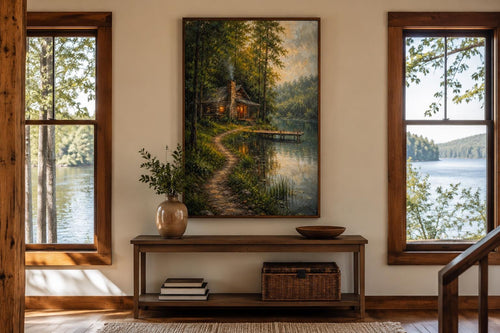 Cabin Wall Art - Rustic Lake House Decor Vertical Canvas Print With Cozy Forest Cabin