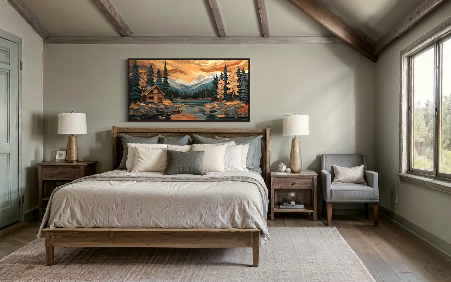 Cabin Wall Art – Rustic Wood Panel Canvas | Cozy Forest Scene Artwork