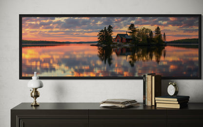 Cabin in The Lake Landscape At Sunset Long Horizontal Framed Canvas Wall Art for Lake House Decor