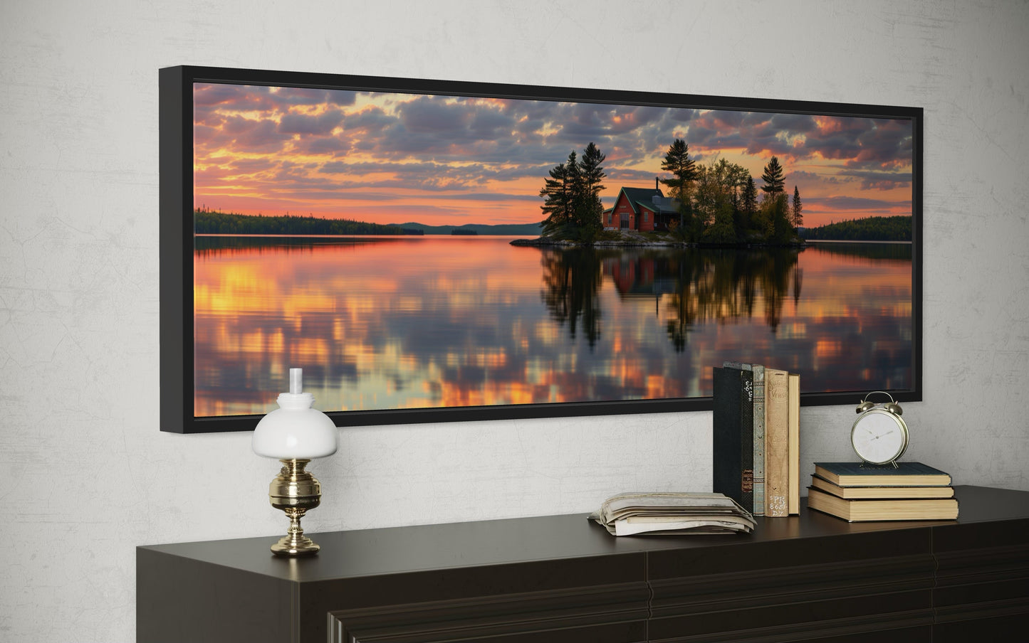 Cabin in The Lake Landscape At Sunset Long Horizontal Framed Canvas Wall Art for Lake House Decor