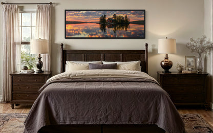 Cabin in The Lake Landscape At Sunset Long Horizontal Framed Canvas Wall Art for Lake House Decor