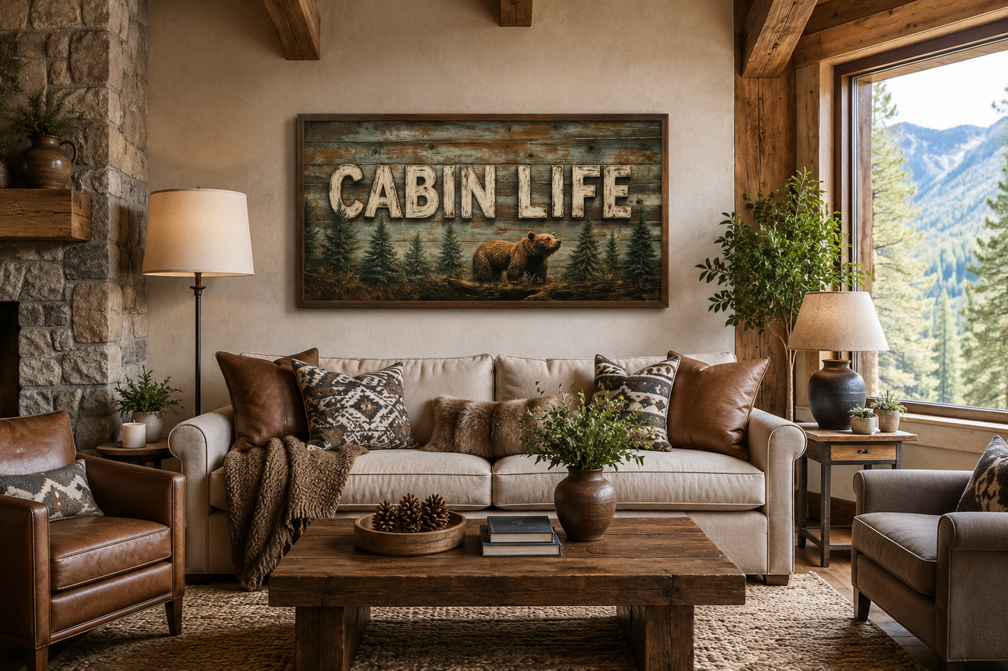 Cabin Life Sign With Bear And Fir Trees Framed Canvas Wall Art