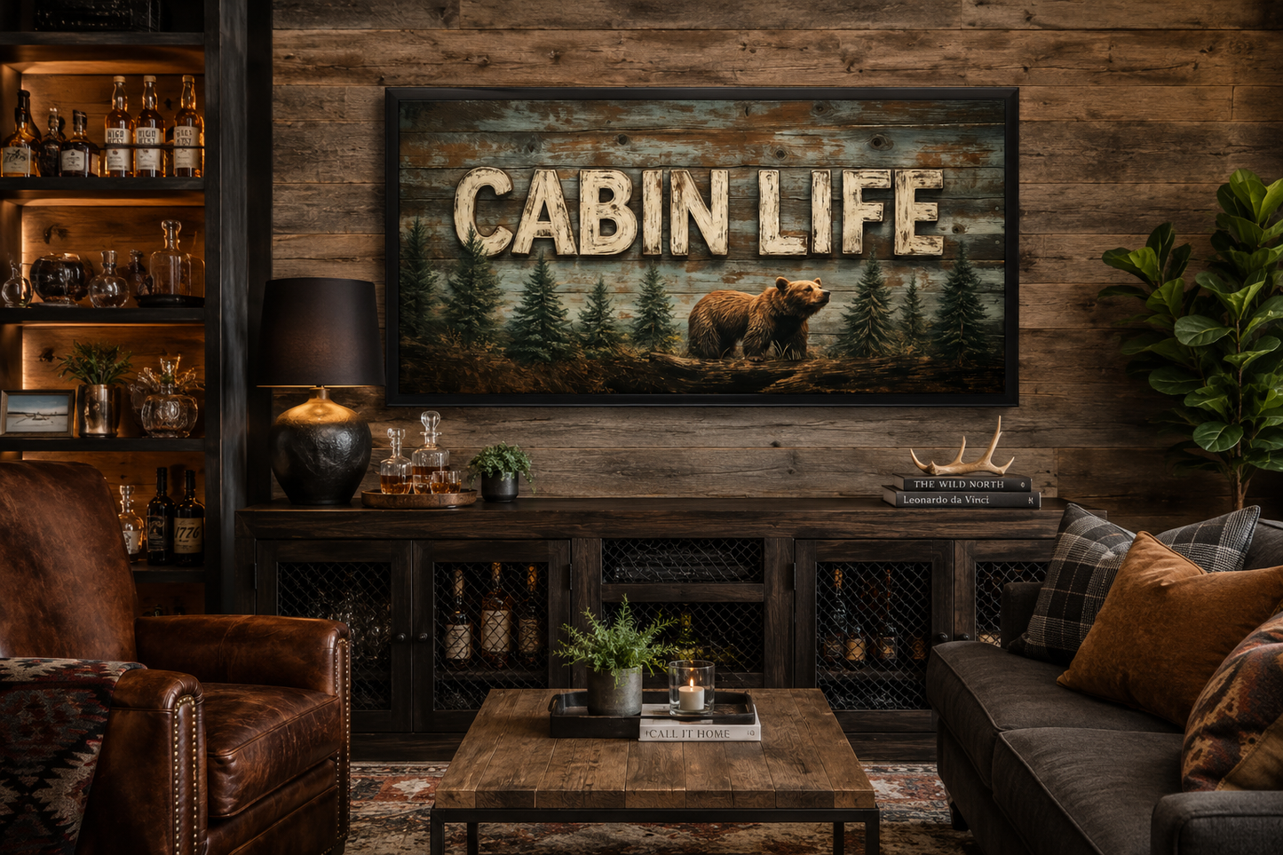 Cabin Life Sign With Bear And Fir Trees Framed Canvas Wall Art