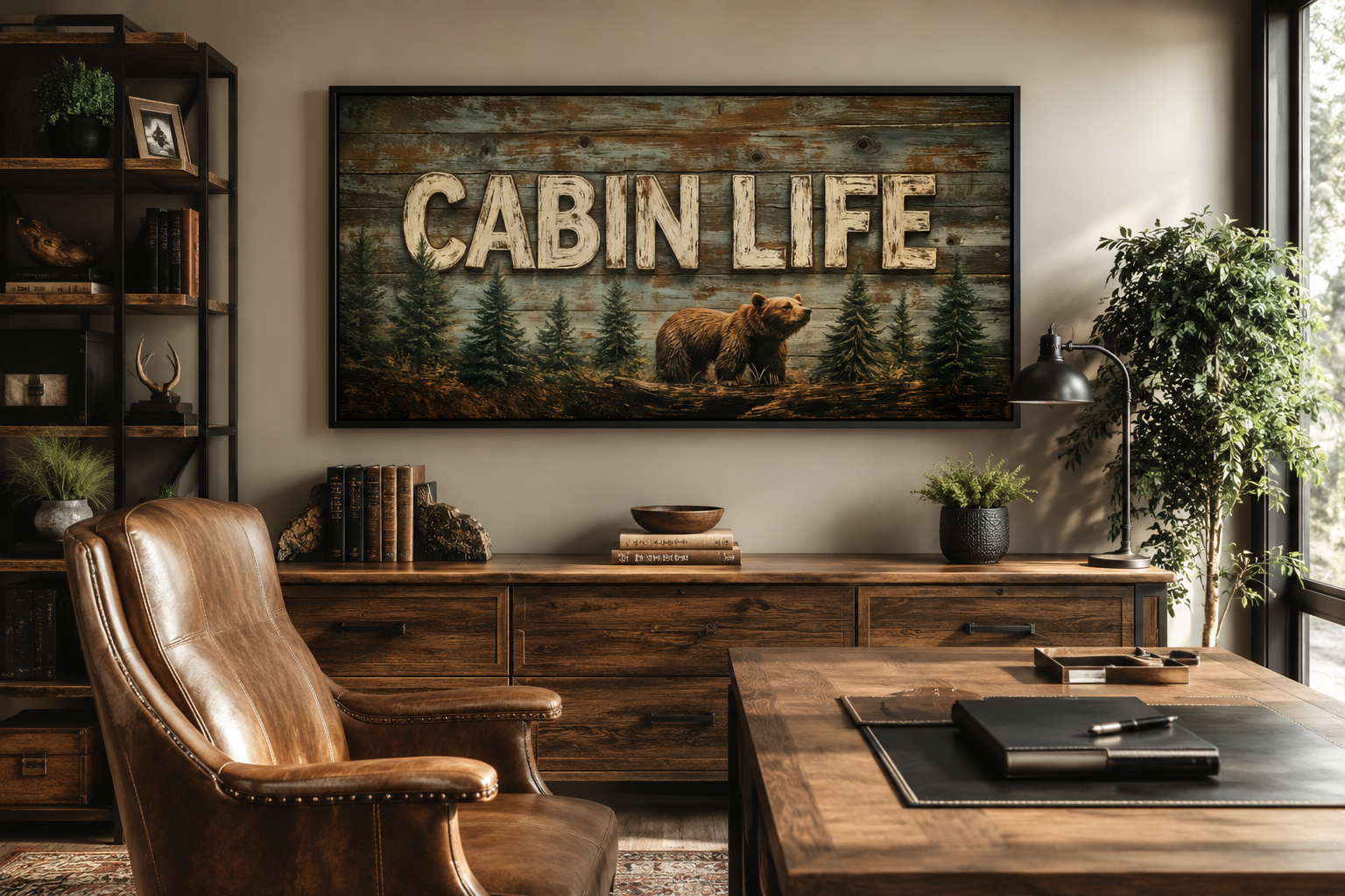 Cabin Life Sign With Bear And Fir Trees Framed Canvas Wall Art