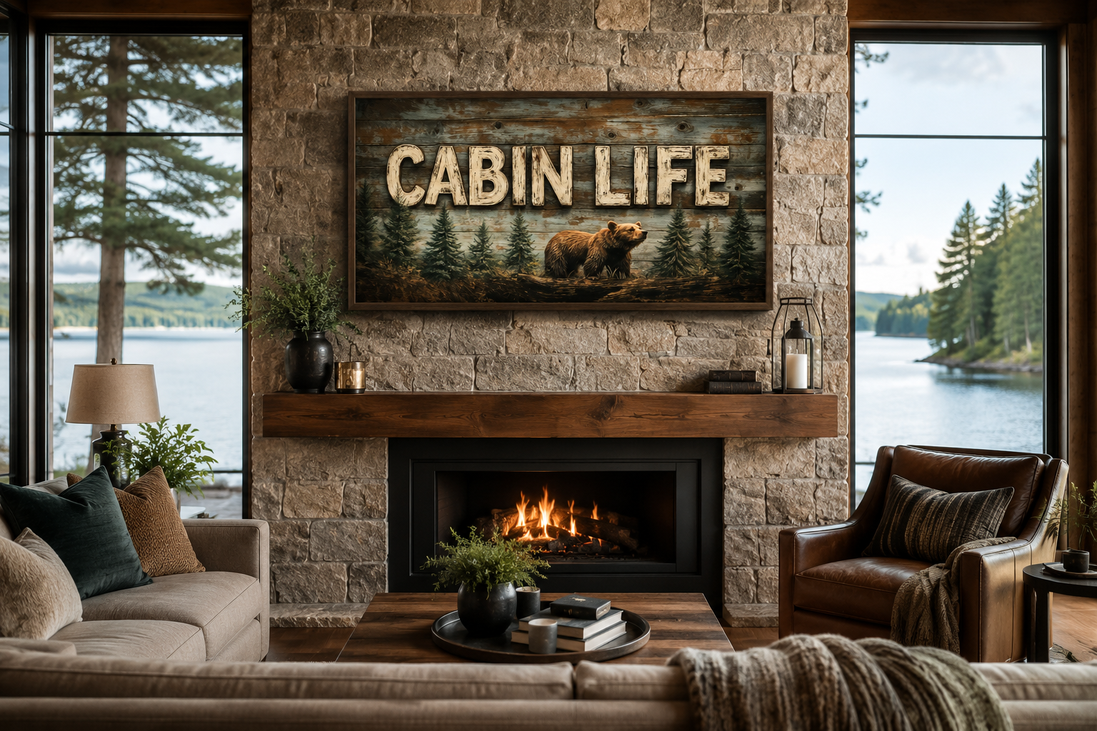 Cabin Life Sign With Bear And Fir Trees Framed Canvas Wall Art