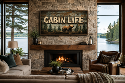 Cabin Life Sign With Bear And Fir Trees Framed Canvas Wall Art