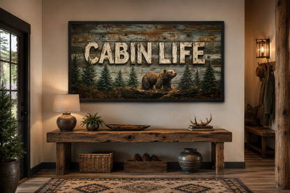 Cabin Life Sign With Bear And Fir Trees Framed Canvas Wall Art