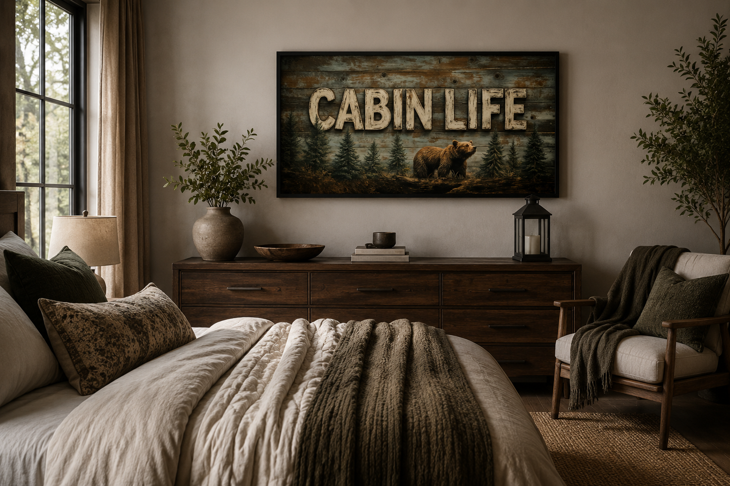 Cabin Life Sign With Bear And Fir Trees Framed Canvas Wall Art