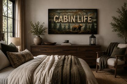 Cabin Life Sign With Bear And Fir Trees Framed Canvas Wall Art