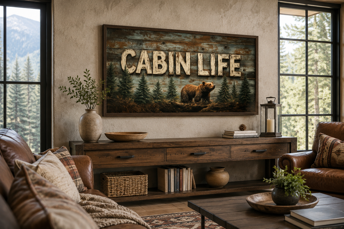 Cabin Life Sign With Bear And Fir Trees Framed Canvas Wall Art