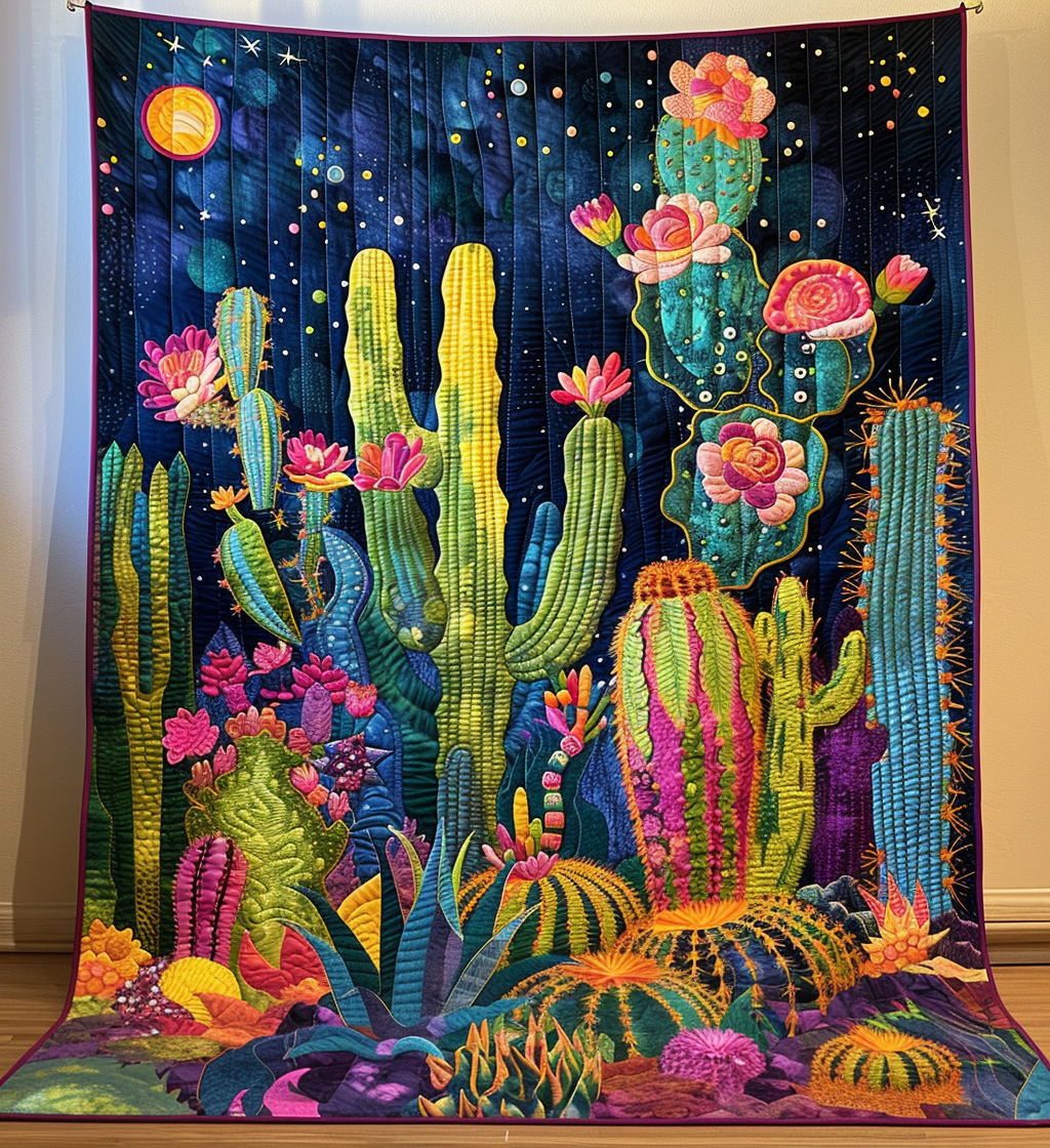 Cacti Night Quilted Blanket - Throw (55" x 60")