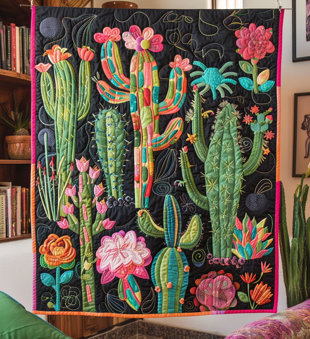 Cactus Desert Blossom Quilted Blanket - Throw (55" x 60")